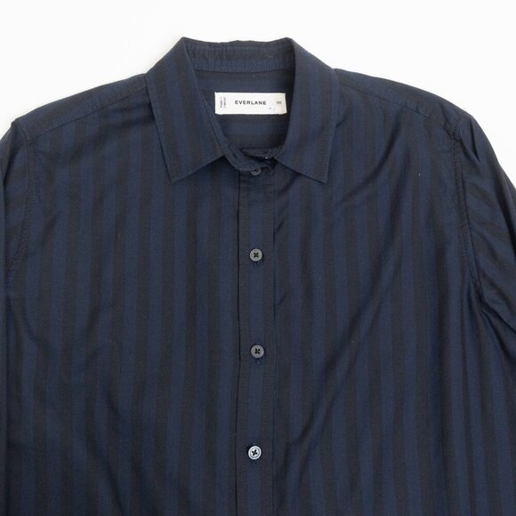 Everlane The Must-Have Shirt in Silky Cotton Navy Black Striped Relaxed Fit - Picture 5 of 14
